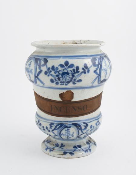 Blue and white pharmacy vase, used for incense, North Italy