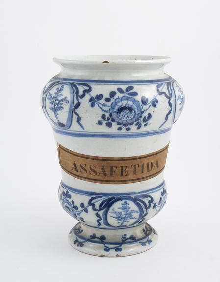 Pharmacy vase, blue and white, for linseed, North Italian