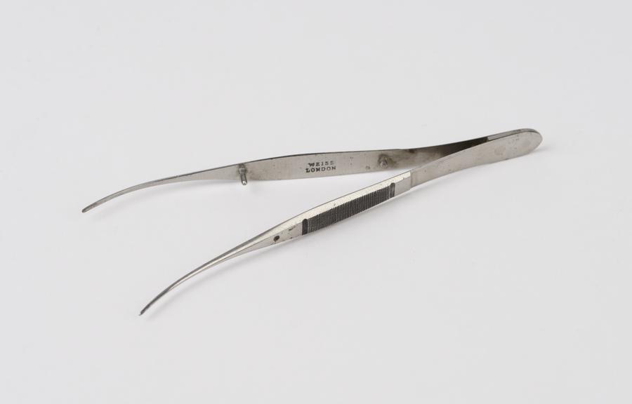 Ophthalmic forceps, metal, plated, by Weiss of London, 1880-1920