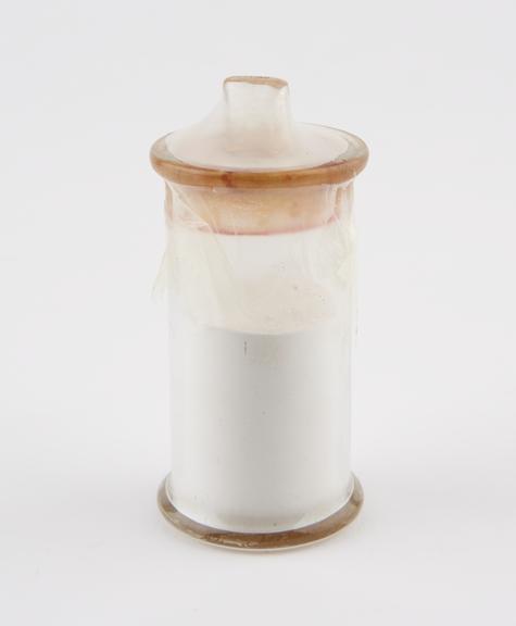 Glass specimen jar, containing powder of mercuric zinc cyanide