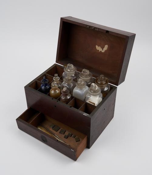 Medicine chest, with 11 bottles from London and Southampton