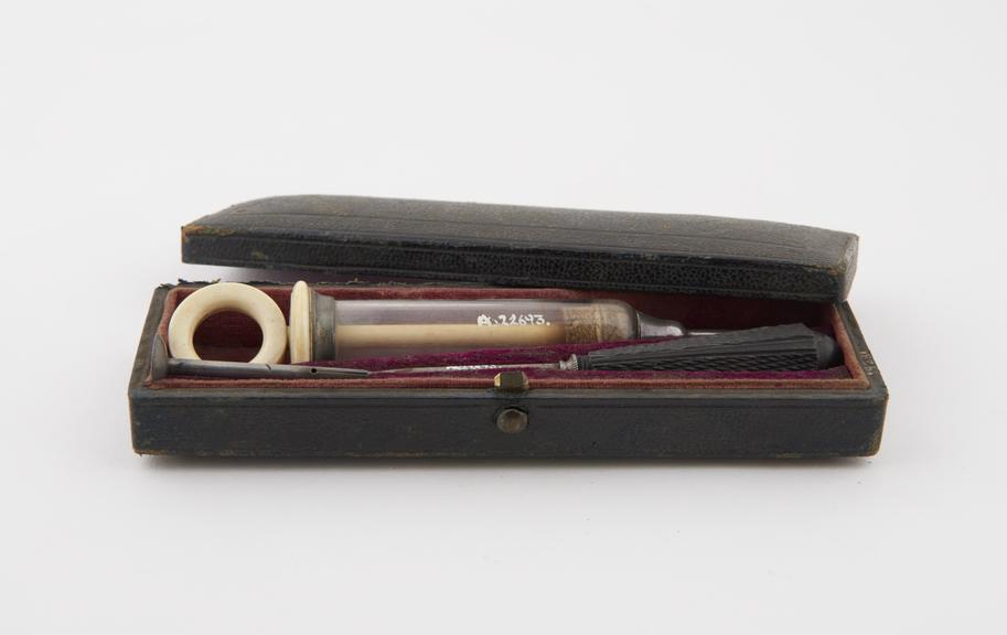 Hydrocele syringe, ivory mount and silver nozzle