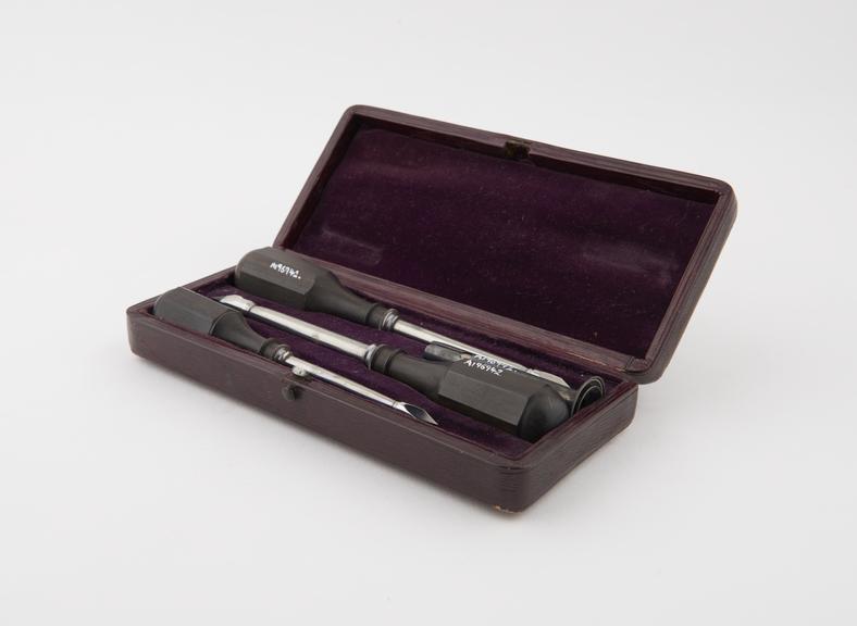 Set of 3 trocars with silver cannulae and ebony handles