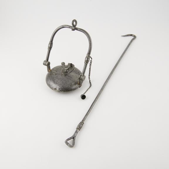 Miner's hanging oil lamp with ornament in the shape of a cock