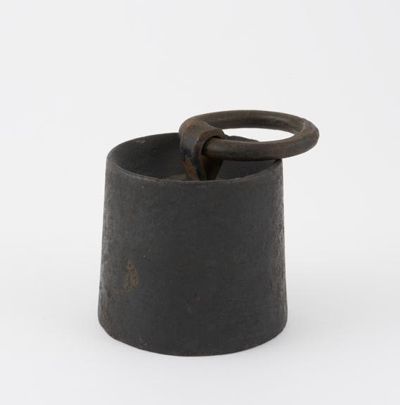 Iron cylindrical weight, with loop, English, late 19th century