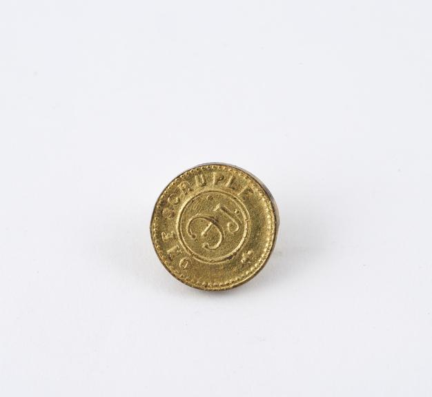 Small circular brass 1 scruple weight, made by P. Rogers and Co