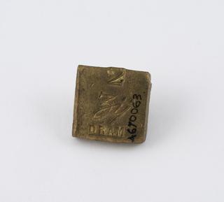 Square brass 2 dram weight, English, 1850-1930