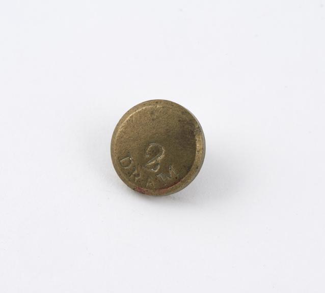 Circular brass 2 dram weight, English, 1850-1930