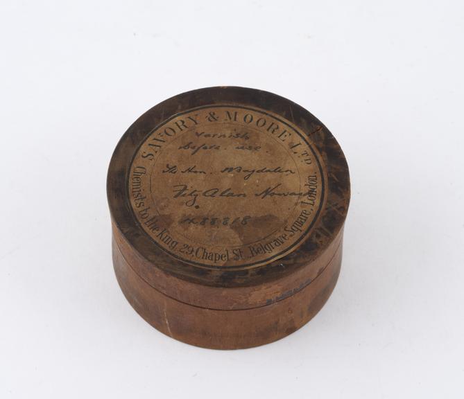 Empty wooden pill box, supplied by Savory and Moore Ltd