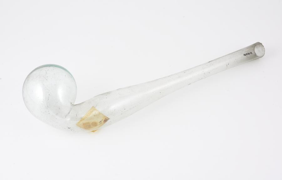 Retort, clear glass, swan necked, European