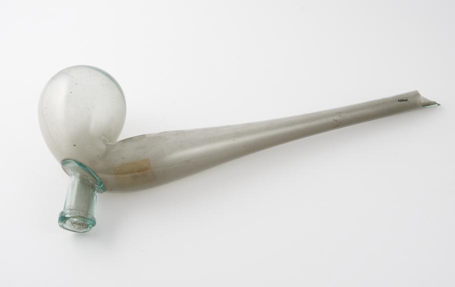 Swan necked retort, clear glass body and neck with blue glass