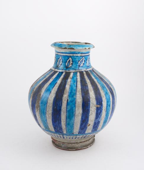 Stoneware jar, bulbous, blue striped decoration