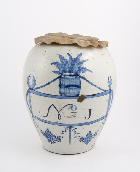 Earthenware snuff storage jar, decorated