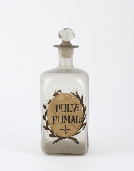 Clear glass bottle, labelled Pulv: Fumal''