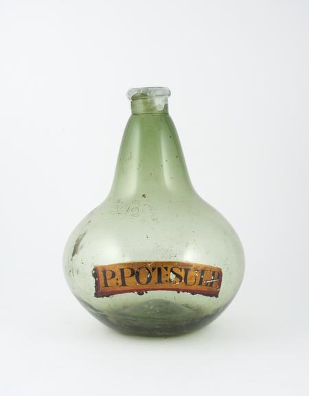 Carboy, glass, pome-shaped, light green, English, 18th century