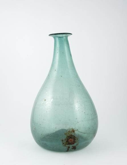 Glass flask, with hole towards base of body, possibly Spanish