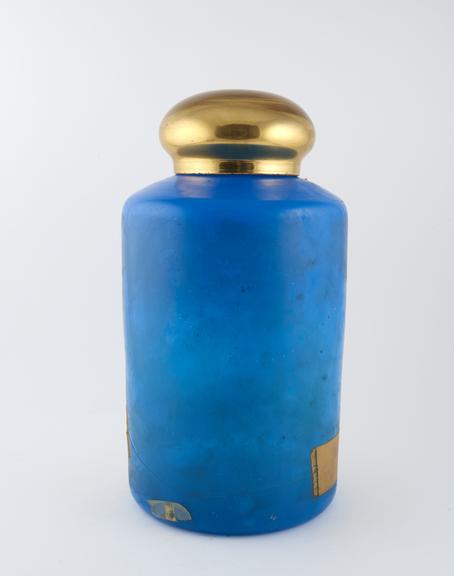 Round specie jar, opaque blue glass, gilt domed lid, empty