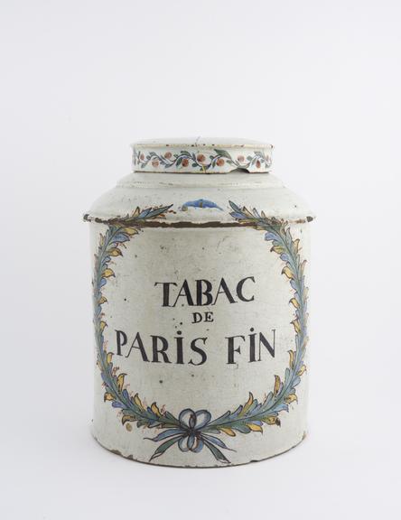 18th century cylindrical French earthenware tobacco jar