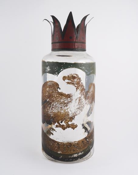 Glass specie jar, with metal crown lid, labelled Rad