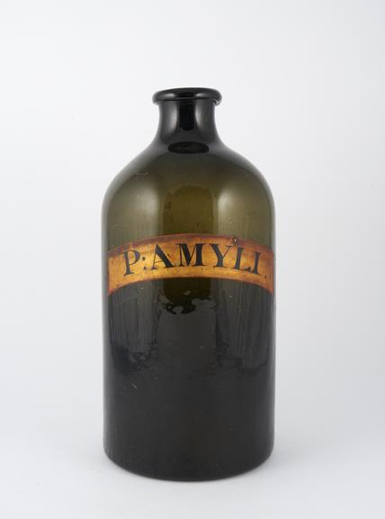 Pharmacy storage bottle, green glass, used for starch powder