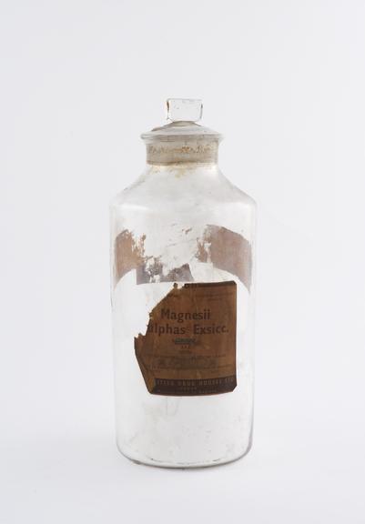 Bottle, clear glass, with contents, for Epsom salts, English