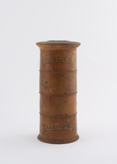 Wooden spice jar for ginger, cinnamon, cloves and allspice