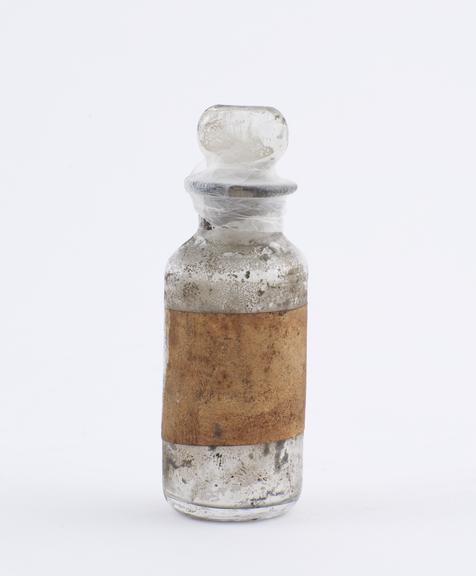 Small bottle, clear glass, trace content, English, 1840-1900