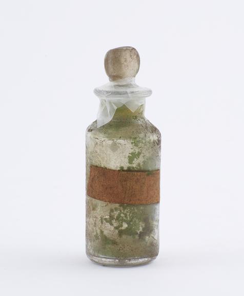 Small bottle, clear glass, trace content, English, 1840-1900