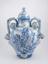 Blue and white majolica pharmacy vase, ornate snake handles