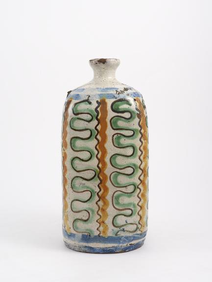 Ceramics polychrom bottle, glazed earthenware, Italy, dated 1745