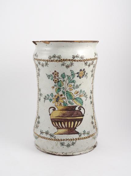 Italian albarello vase, large, polychrome maiolica made in 1791