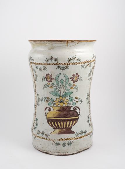 Italian albarello vase, large, polychrome maiolica made in 1791