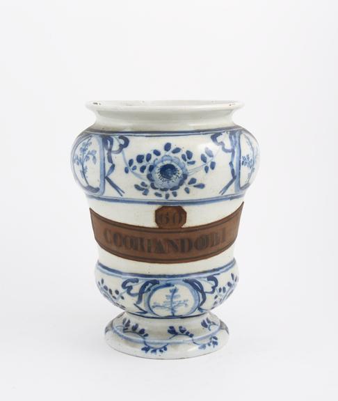 Blue and white pharmacy vase, used for coriander, North Italy