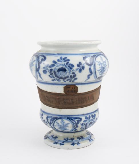 Blue and white pharmacy vase, used for conuraierva, North Italy