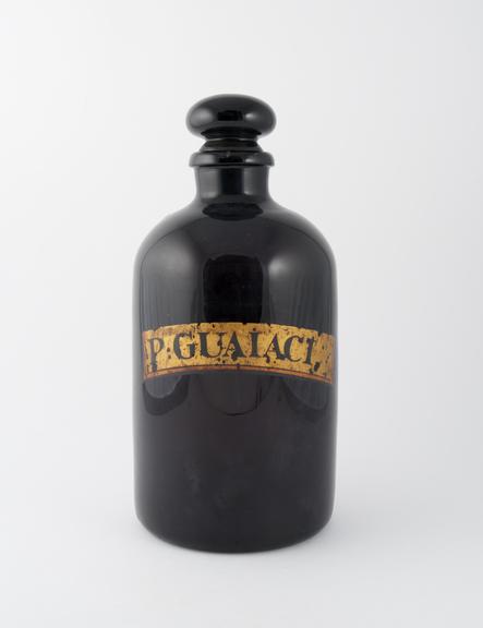 Storage bottle, violet glass, for guaiacum powder, English