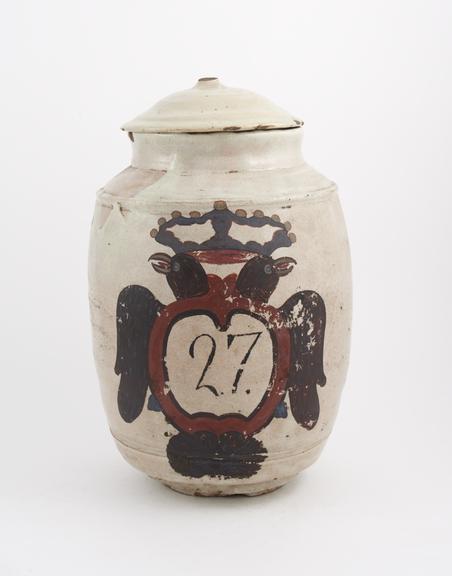 Tin-glazed earthenware drug jar, barrel shaped, labelled, SULF