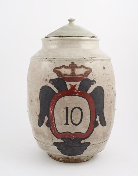 Tin-glazed earthenware drug jar, barrel shaped