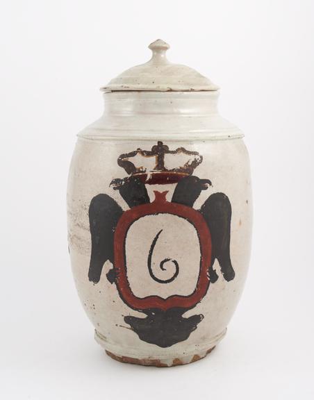 Tin-glazed earthenware drug jar, barrel shaped