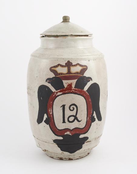 Tin-glazed earthenware drug jar, barrel shaped