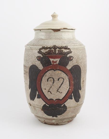 Tin-glazed earthenware drug jar, barrel shaped