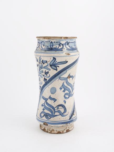 Albarello, blue tin glazed earthenware