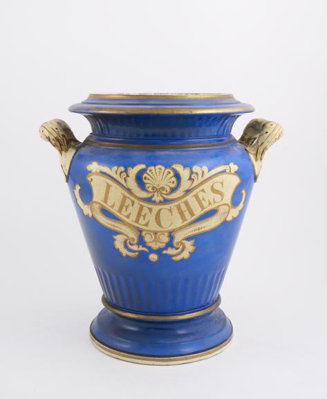 Pharmacy leech jar, no lid, ornate gilt porcelain