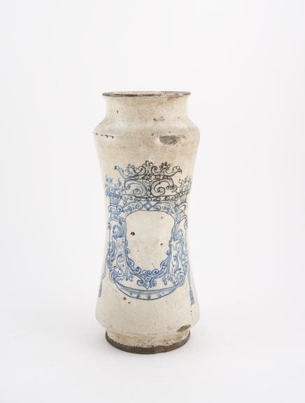 Albarello vase, Spanish, 1701-1800, blue and white majolica