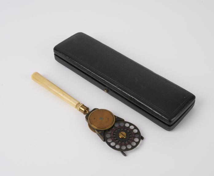 Ophthalmoscope in leather case, personal relic of Dr