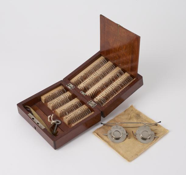 Miniature trial case, wooden, 120 trial lenses, trial frame