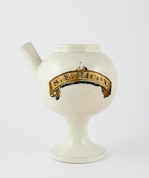 Creamware syrup jar with foot and spout for poppy syrup (S.E