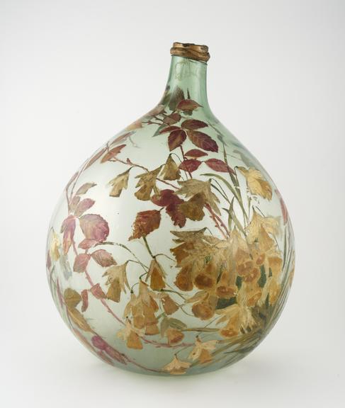 Display carboy in aqua glass with floral paintings, European