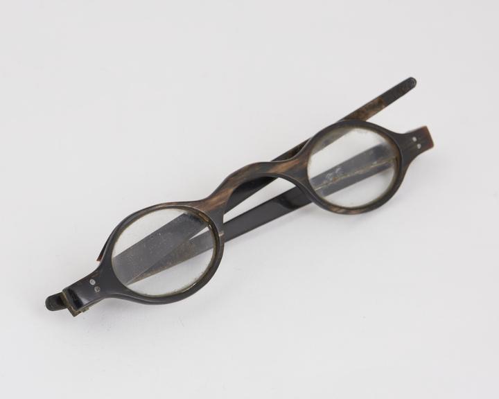 Spectacles, straight, dark horn, brass hinges, probably English