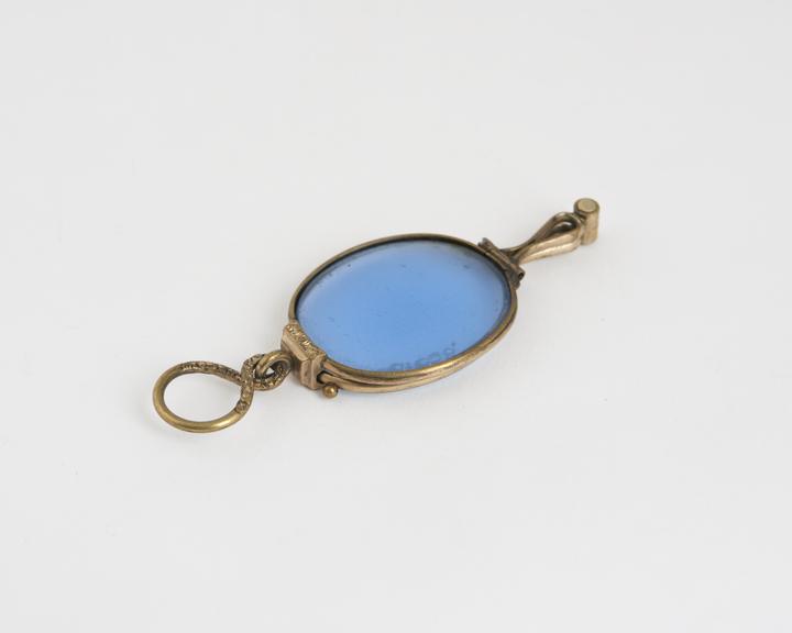 Spectacles, hand, folding, tinted, gilt metal, English