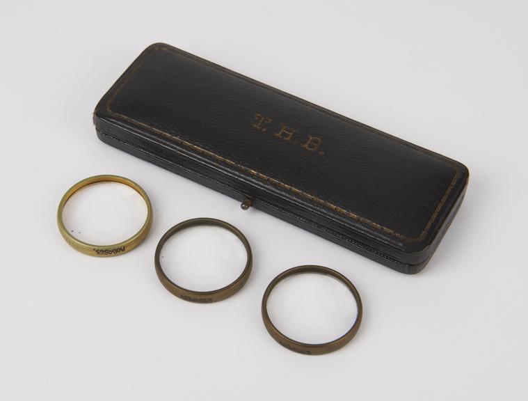 3 magnifying lenses, in fitted case, belonging to T.H